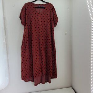 Lands End Dress Womens Large Red Cotton Stretch Crinkle Pockets Beachy Hi-Low